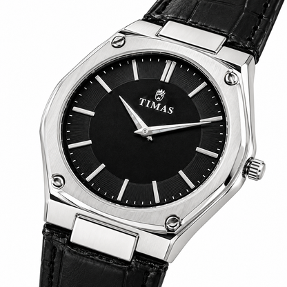 TIMAS Luxury Quartz Men's Watch with Textured Rim Dial & Leather Strap (AWTM-00313)