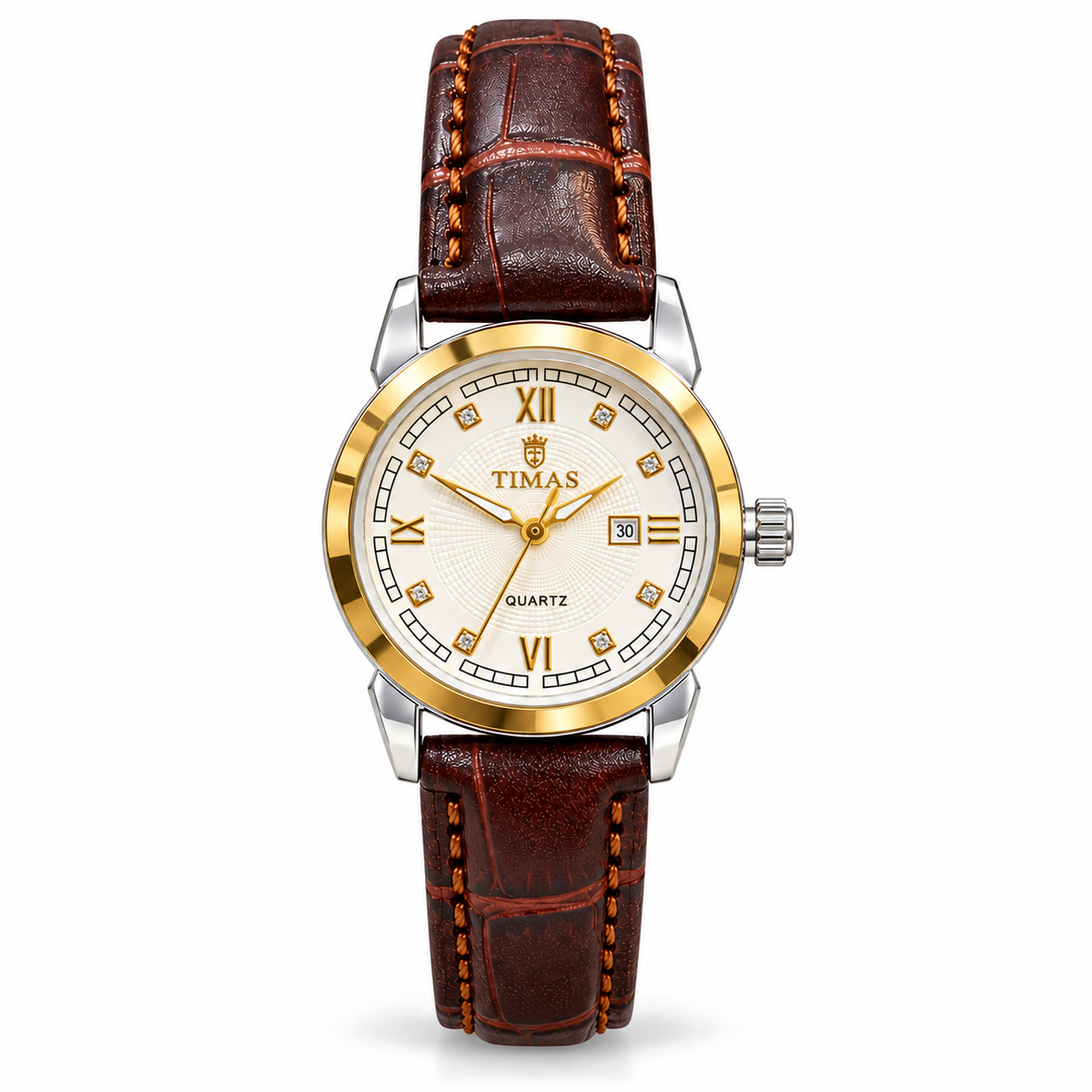 TIMAS Elegant Quartz Ladies Watch with Textured Guilloché Dial, Date Display & Leather Strap (AWTL-00319)