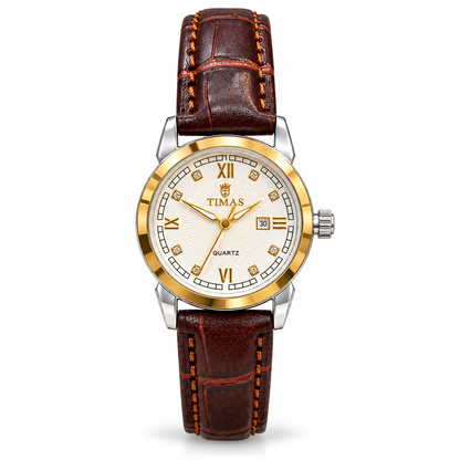 TIMAS Elegant Quartz Ladies Watch with Textured Guilloché Dial, Date Display & Leather Strap (AWTL-00319)