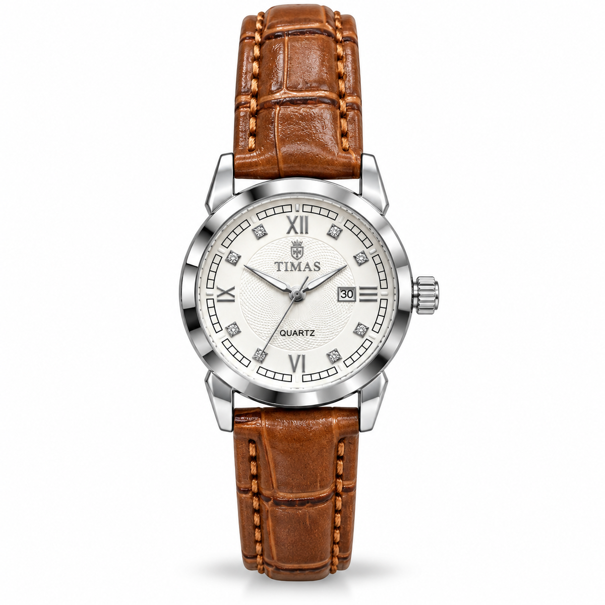 TIMAS Elegant Quartz Ladies Watch with Textured Guilloché Dial, Date Display & Leather Strap (AWTL-00319)