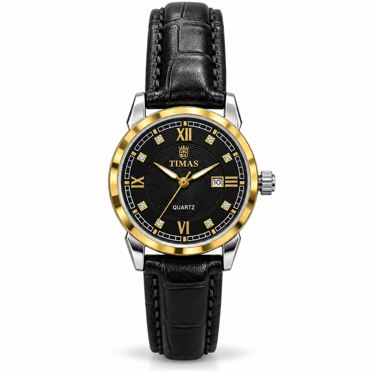 TIMAS Elegant Quartz Ladies Watch with Textured Guilloché Dial, Date Display & Leather Strap (AWTL-00319)