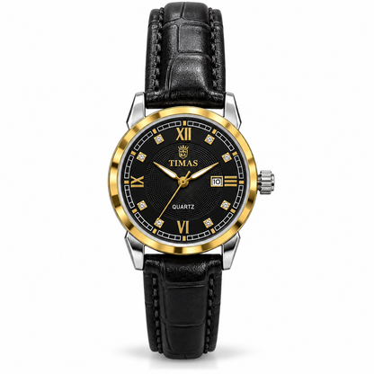 TIMAS Elegant Quartz Ladies Watch with Textured Guilloché Dial, Date Display & Leather Strap (AWTL-00319)