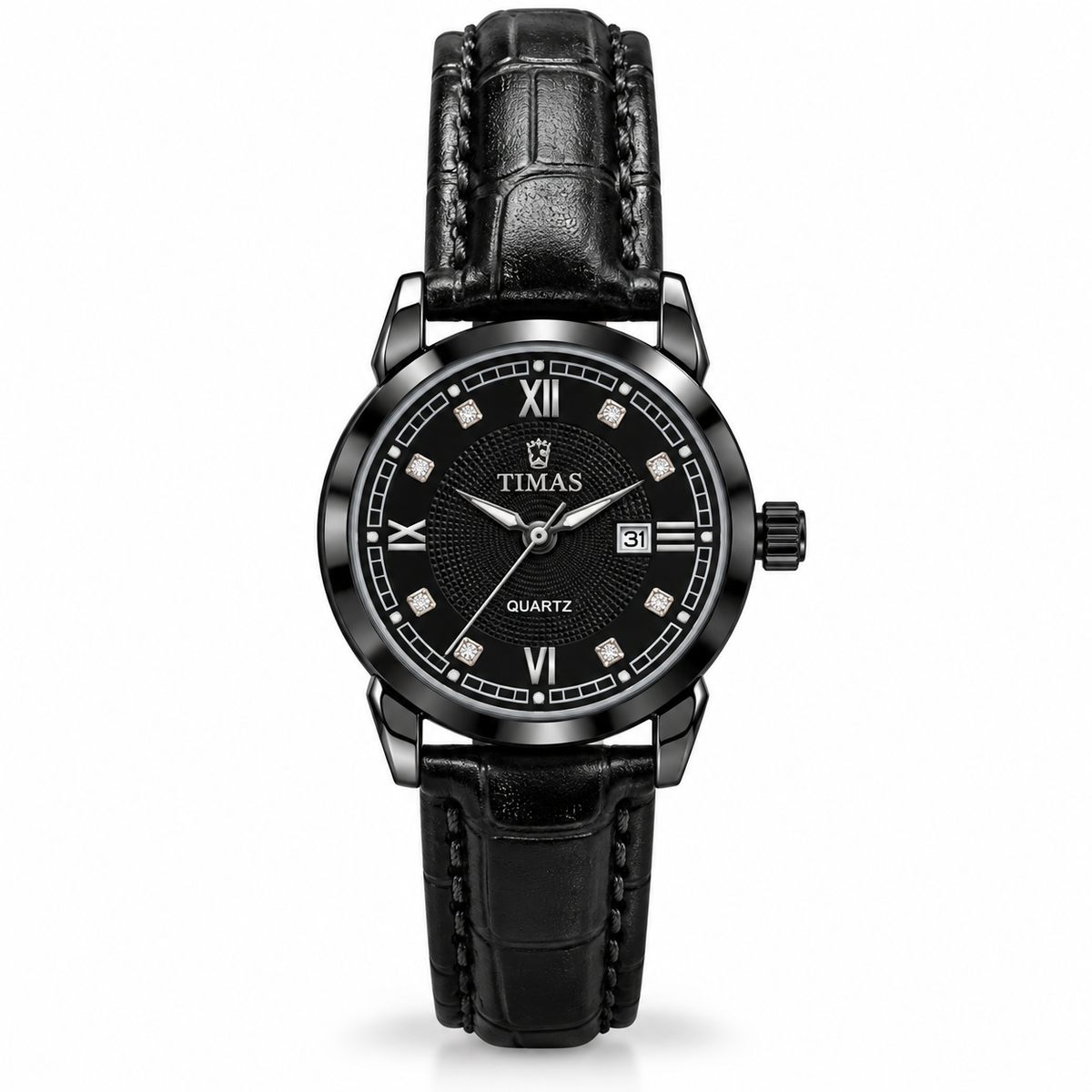 TIMAS Elegant Quartz Ladies Watch with Textured Guilloché Dial, Date Display & Leather Strap (AWTL-00319)