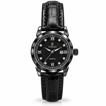 TIMAS Elegant Quartz Ladies Watch with Textured Guilloché Dial, Date Display & Leather Strap (AWTL-00319)