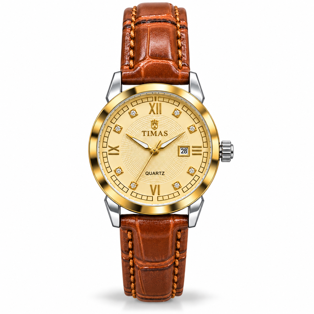 TIMAS Elegant Quartz Ladies Watch with Textured Guilloché Dial, Date Display & Leather Strap (AWTL-00319)