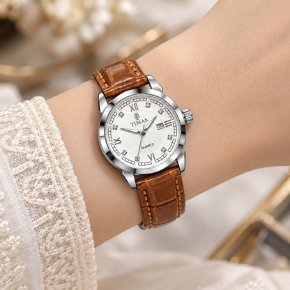TIMAS Elegant Quartz Ladies Watch with Textured Guilloché Dial, Date Display & Leather Strap (AWTL-00319)