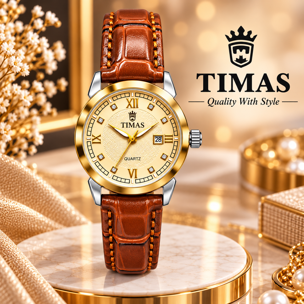 TIMAS Elegant Quartz Ladies Watch with Textured Guilloché Dial, Date Display & Leather Strap (AWTL-00319)