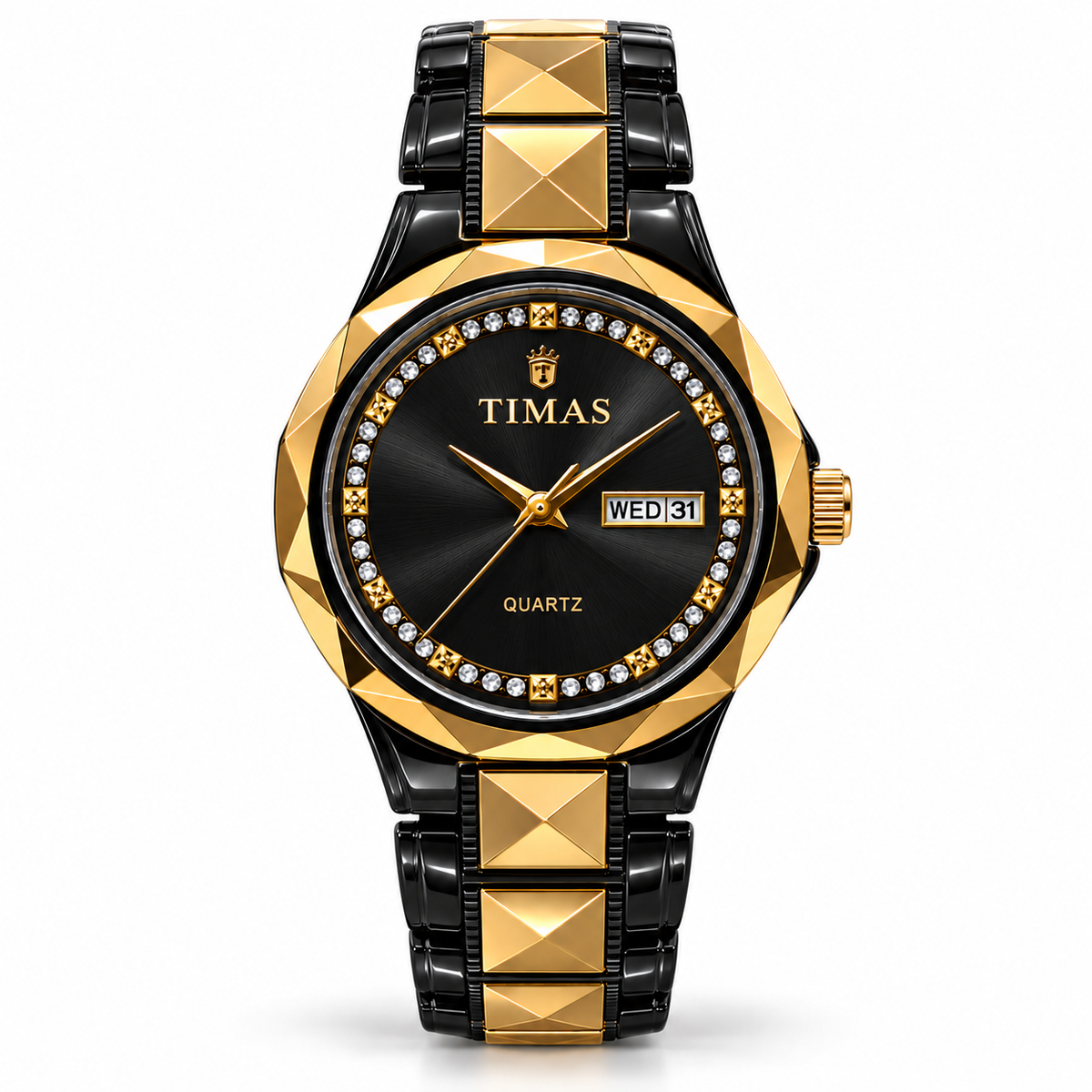 TIMAS Premium Pure Ceramic Quartz Watch with Crystal Inner Bezel & Day-Date Display