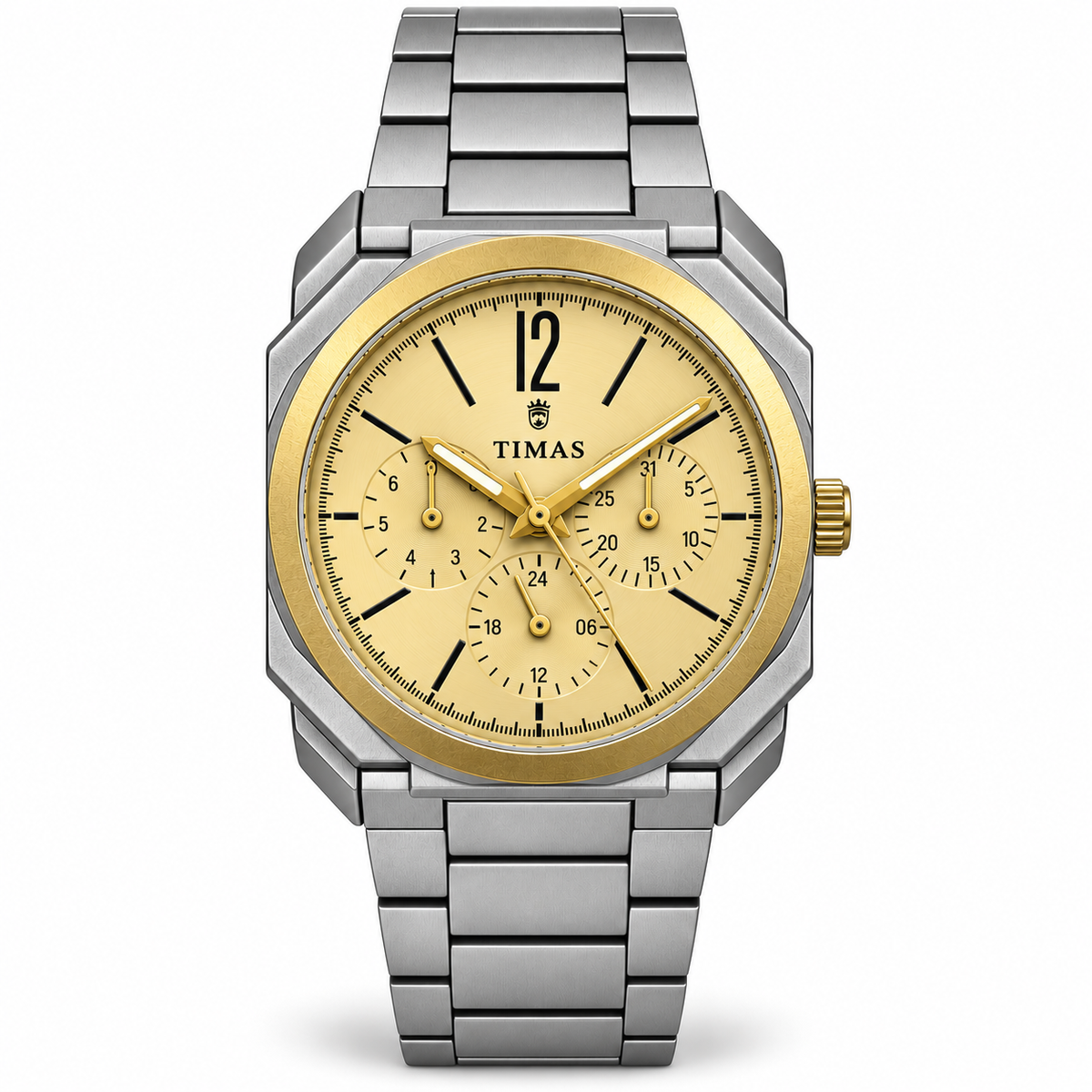 TIMAS Octagonal Quartz Men's Watch with Multi-Subdial Display & Two-Tone Metallic Bracelet (AWTM-00326)