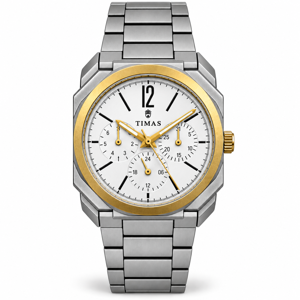 TIMAS Octagonal Quartz Men's Watch with Multi-Subdial Display & Two-Tone Metallic Bracelet (AWTM-00326)