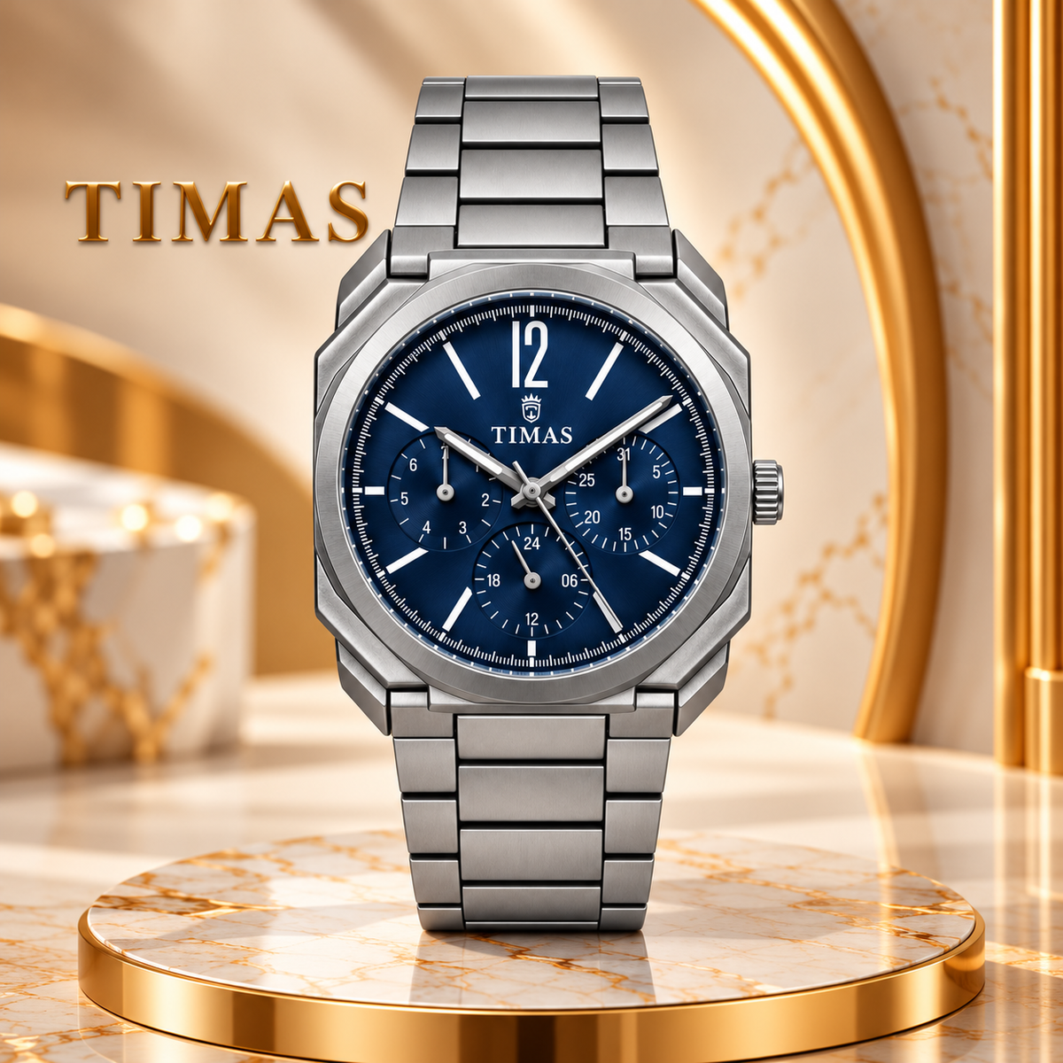 TIMAS Octagonal Quartz Men's Watch with Multi-Subdial Display & Two-Tone Metallic Bracelet (AWTM-00326)