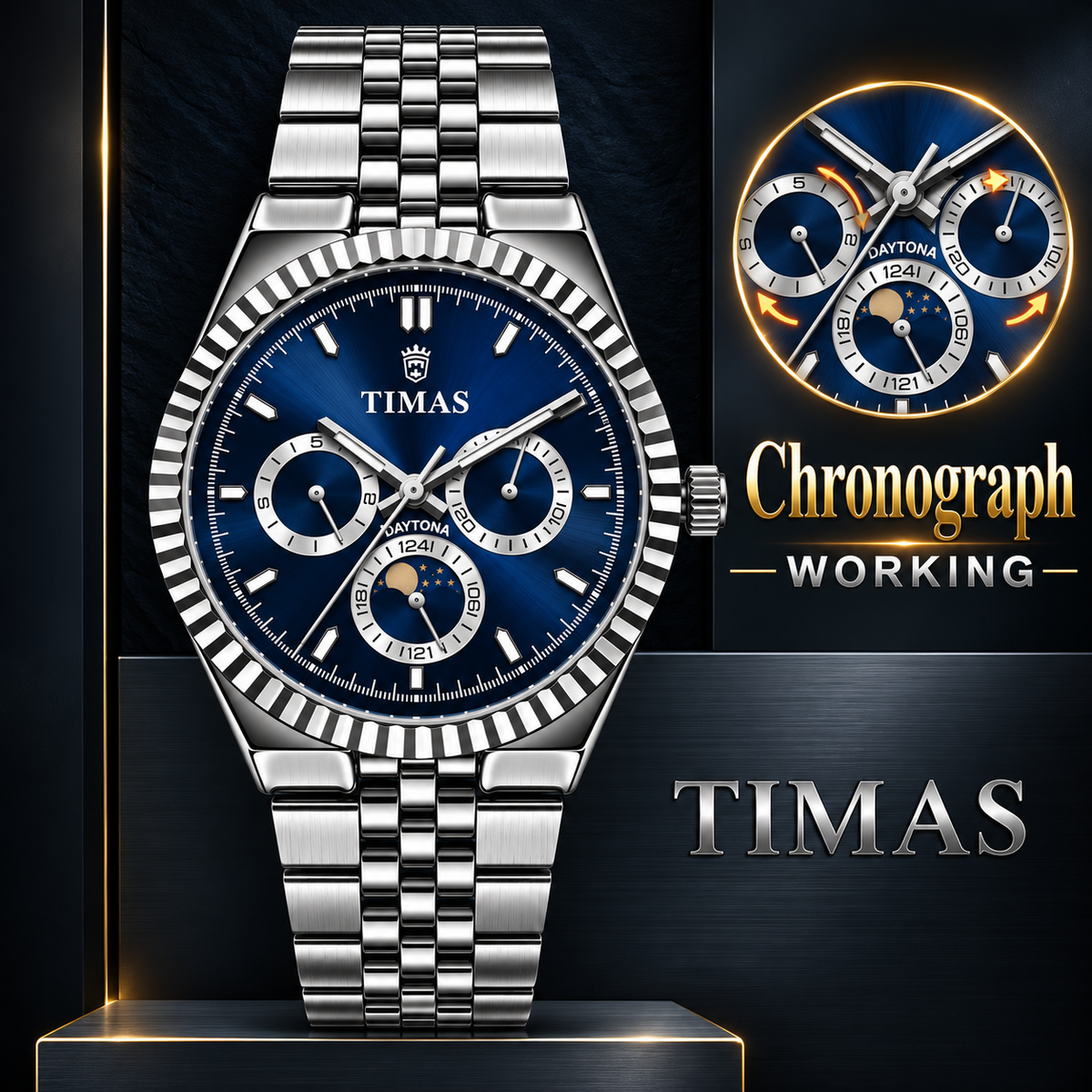 TIMAS Quartz Chronograph Watch with Moon Phase & Jubilee Metallic Bracelet (AWTM-00329)