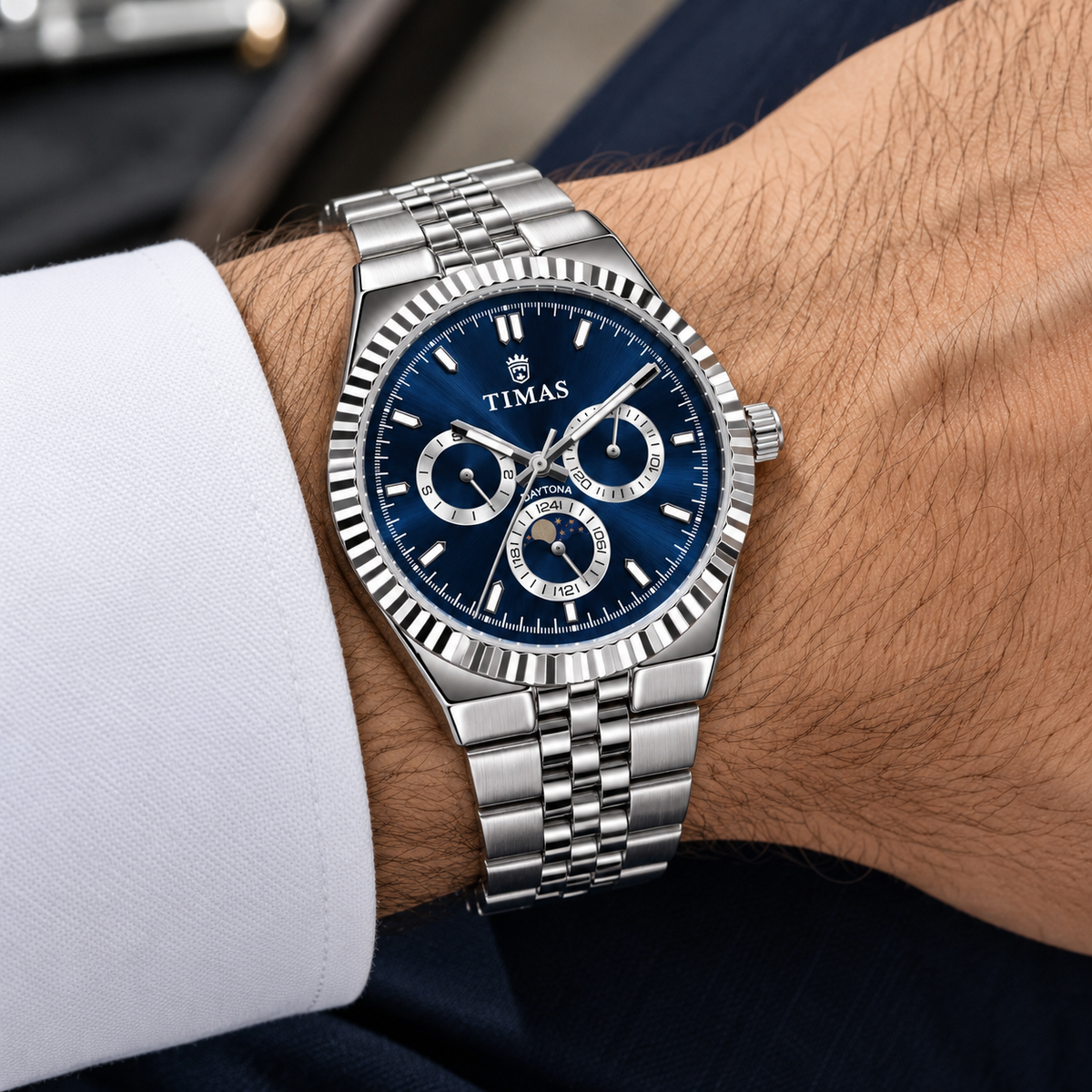 TIMAS Quartz Chronograph Watch with Moon Phase & Jubilee Metallic Bracelet (AWTM-00329)