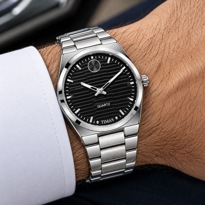 TIMAS Quartz Men's Watch with Horizontal Textured Dial & Metallic Chain Bracelet (AWTM-00330)