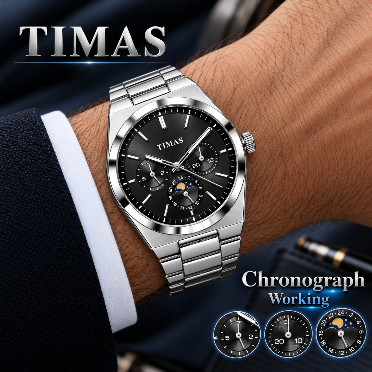 TIMAS Quartz Chronograph Watch with Moon Phase & Integrated Metallic Bracelet (AWTM-00336)