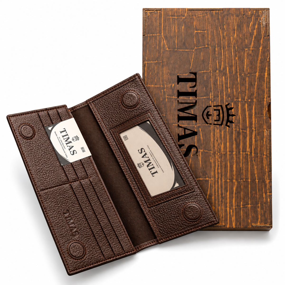 TIMAS Long Executive Men's Leather Wallet with Magnetic Closure & Wooden Gift Box (4-Magnet)