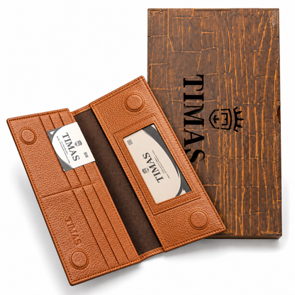 TIMAS Long Executive Men's Leather Wallet with Magnetic Closure & Wooden Gift Box (4-Magnet)