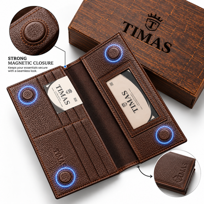 TIMAS Long Executive Men's Leather Wallet with Magnetic Closure & Wooden Gift Box (4-Magnet)