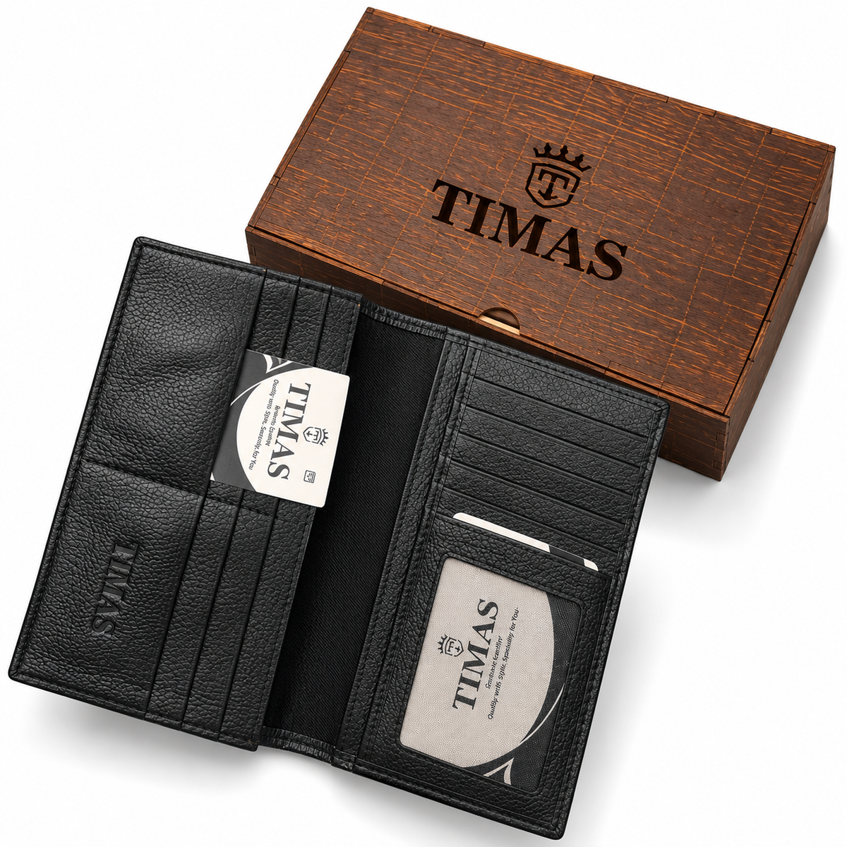 TIMAS Long Executive Men's Leather Wallet with Multiple Card Slots & Wooden Gift Box (DC5-K)