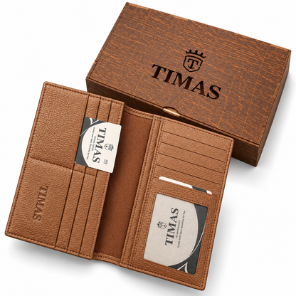 TIMAS Long Executive Men's Leather Wallet with Multiple Card Slots & Wooden Gift Box (DC5-K)