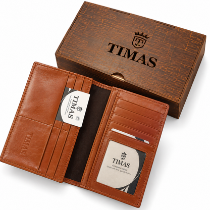 TIMAS Long Executive Men's Leather Wallet with Multiple Card Slots & Wooden Gift Box (Glace L)