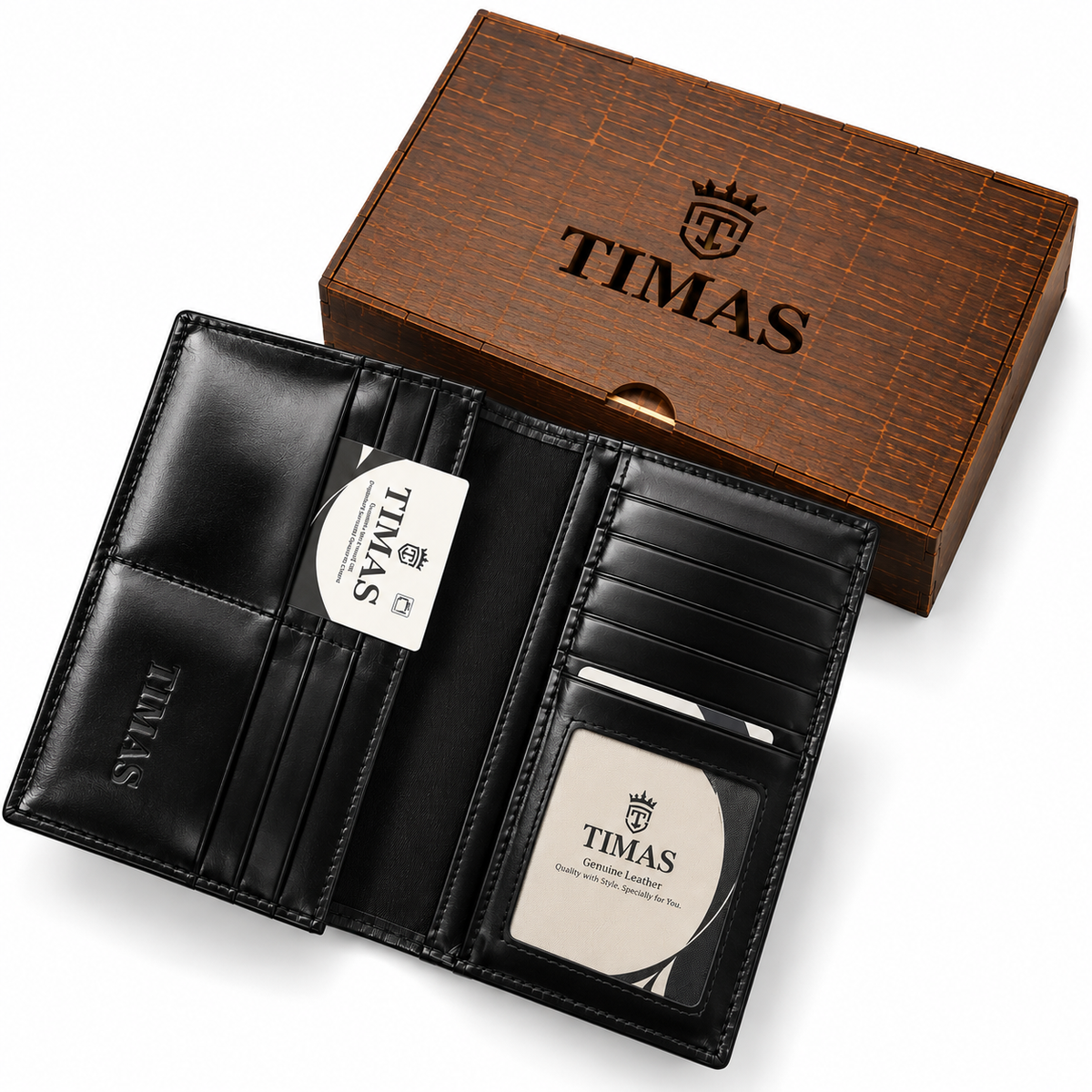 TIMAS Long Executive Men's Leather Wallet with Multiple Card Slots & Wooden Gift Box (Glace L)