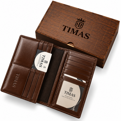 TIMAS Long Executive Men's Leather Wallet with Multiple Card Slots & Wooden Gift Box (Glace L)