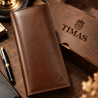 TIMAS Long Executive Men's Leather Wallet with Multiple Card Slots & Wooden Gift Box (Glace L)
