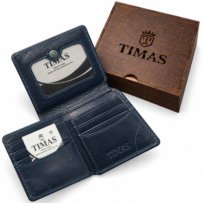 TIMAS Executive Bi-Fold Leather Wallet with ID Flap Pocket & Wooden Gift Box (JPN-5)