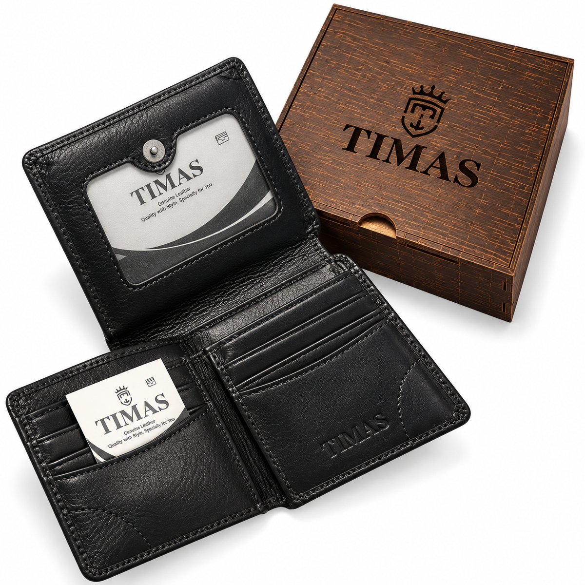 TIMAS Executive Bi-Fold Leather Wallet with ID Flap Pocket & Wooden Gift Box (JPN-5)