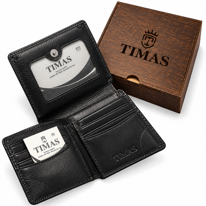 TIMAS Executive Bi-Fold Leather Wallet with ID Flap Pocket & Wooden Gift Box (JPN-5)