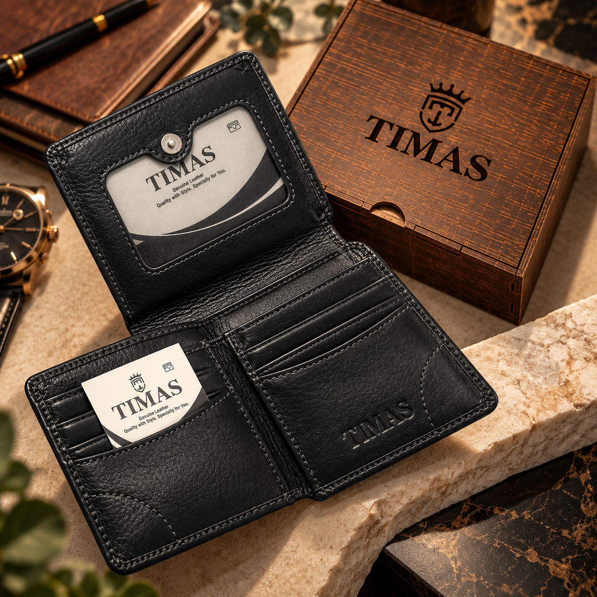 TIMAS Executive Bi-Fold Leather Wallet with ID Flap Pocket & Wooden Gift Box (JPN-5)