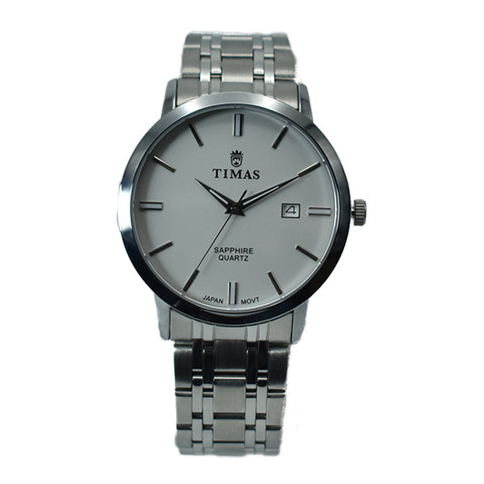 Timas Men's Classic Silver Watch with White Dial