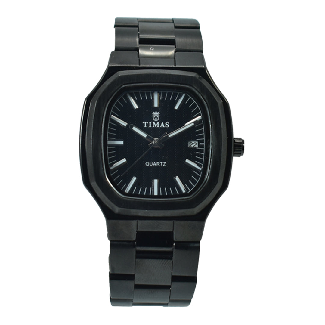 Timas Men's Watch – All-Black with Faceted Case and Textured Dial