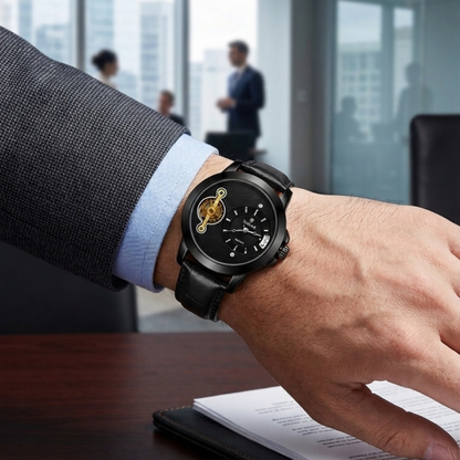 TIMAS Asymmetrical Dial Gear Accent Edition | Textured Leather Strap Quartz Watch (AWTM-00155)