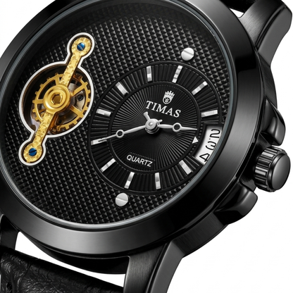TIMAS Asymmetrical Dial Gear Accent Edition | Textured Leather Strap Quartz Watch (AWTM-00155)