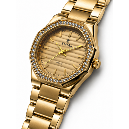 TIMAS Octagonal Crystal Bezel Edition | Textured Dial Metallic Bracelet Quartz Watch (AWTL-00292)