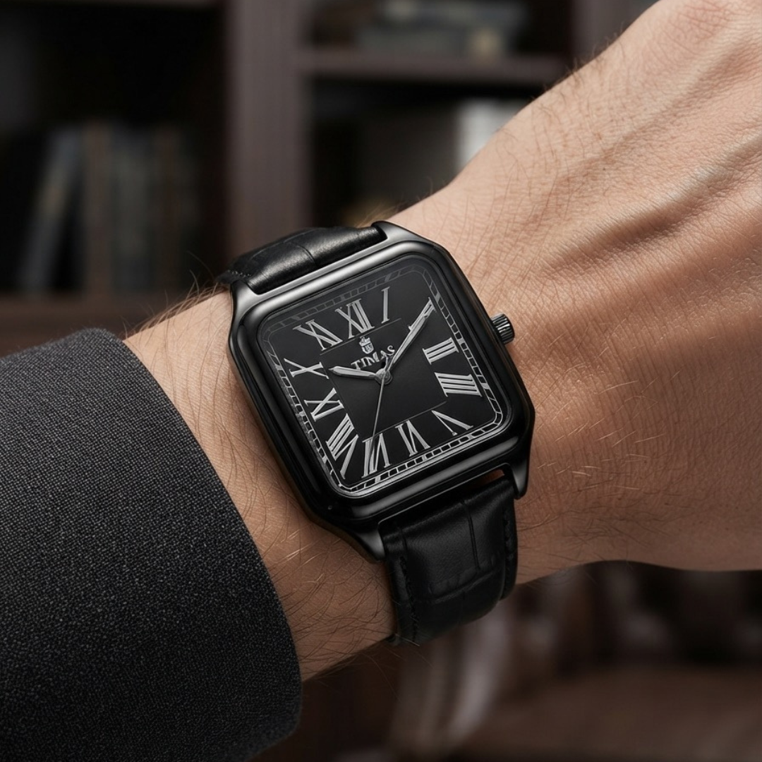 TIMAS Santos-Style Classic Edition | Square Bezel Leather Strap Quartz Watch (AWTM-00285)