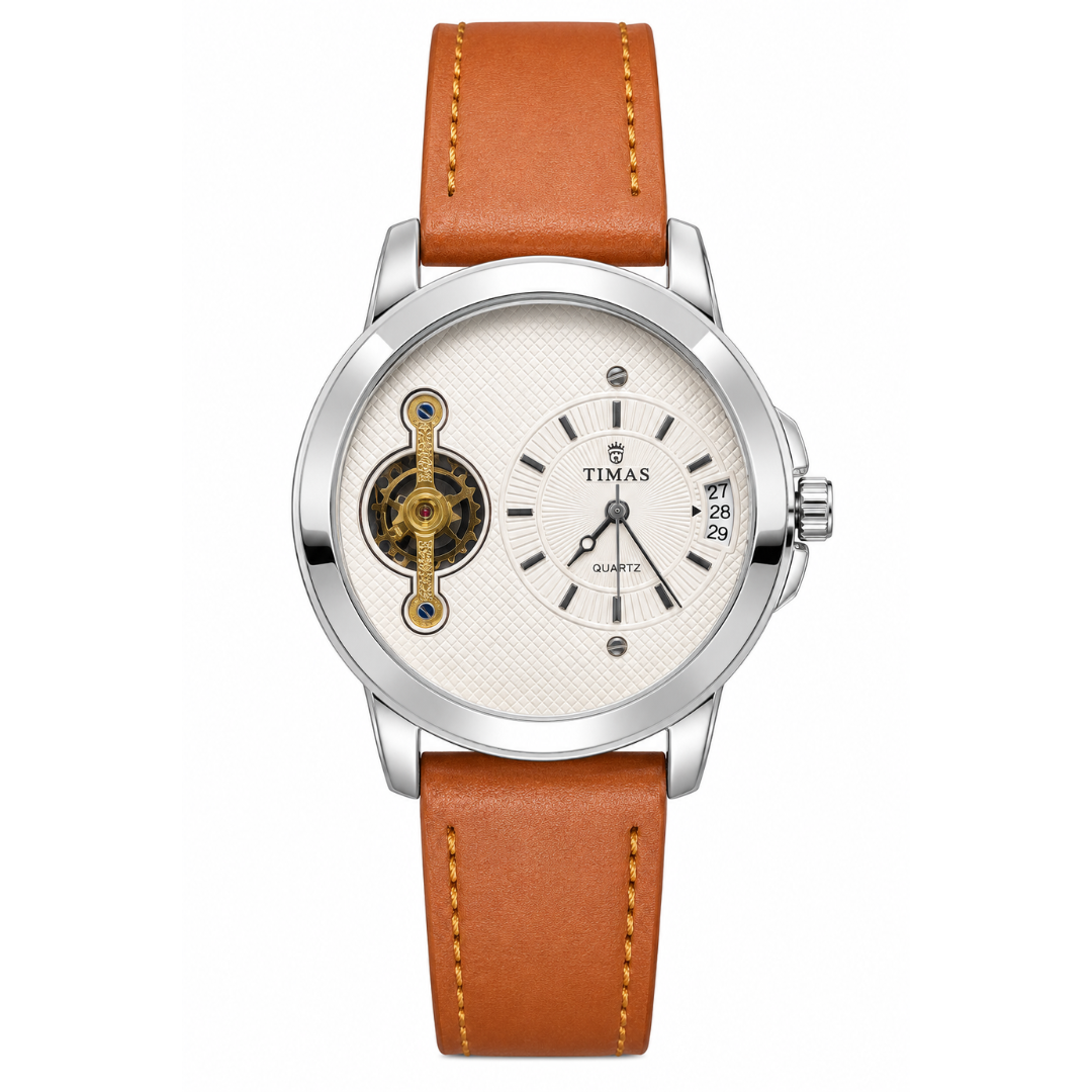 TIMAS Asymmetrical Dial Gear Accent Edition | Textured Leather Strap Quartz Watch (AWTM-00155)