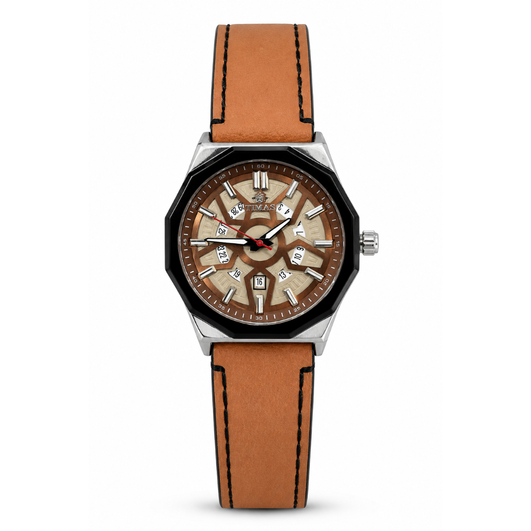 TIMAS Octagonal Bezel Geometric Dial Edition | Stitched Leather Strap Quartz Watch (AWTM-00293)